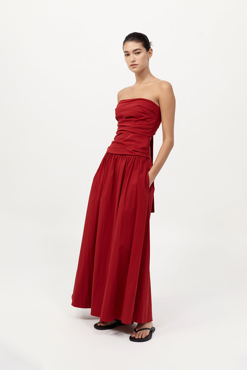 Gathered Strapless Tie Back Dress Rosso