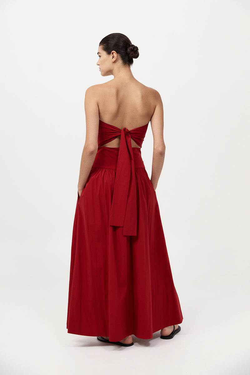 Gathered Strapless Tie Back Dress Rosso