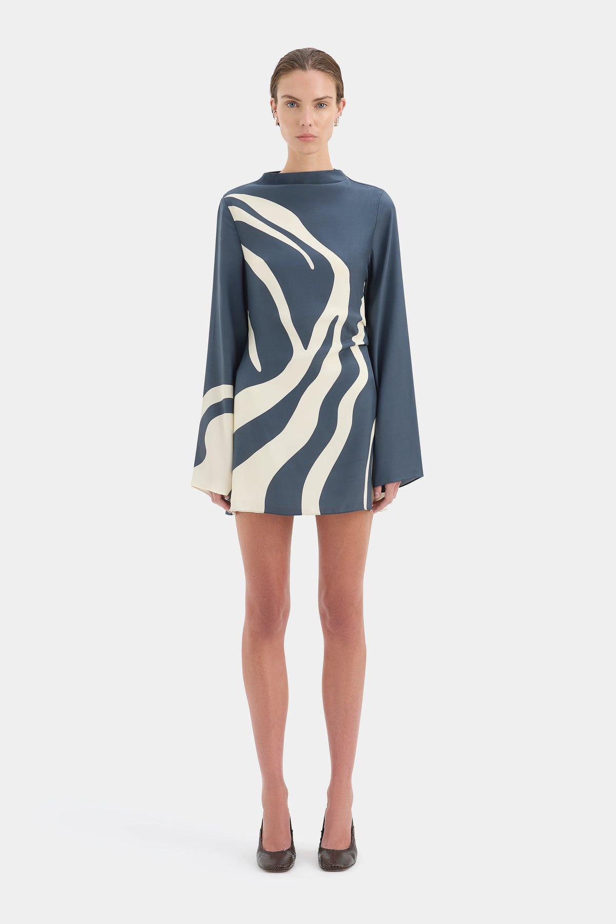 Sir Lilou Long Sleeve Mini Dress In Liora Charcoal Blue, Size 1 Au