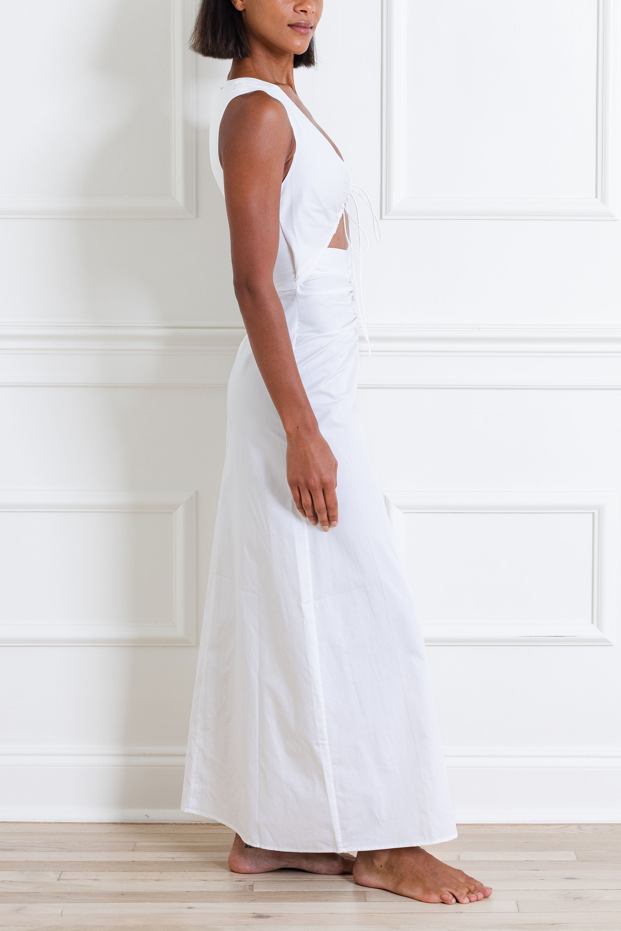 White Cotton Gathered Dress