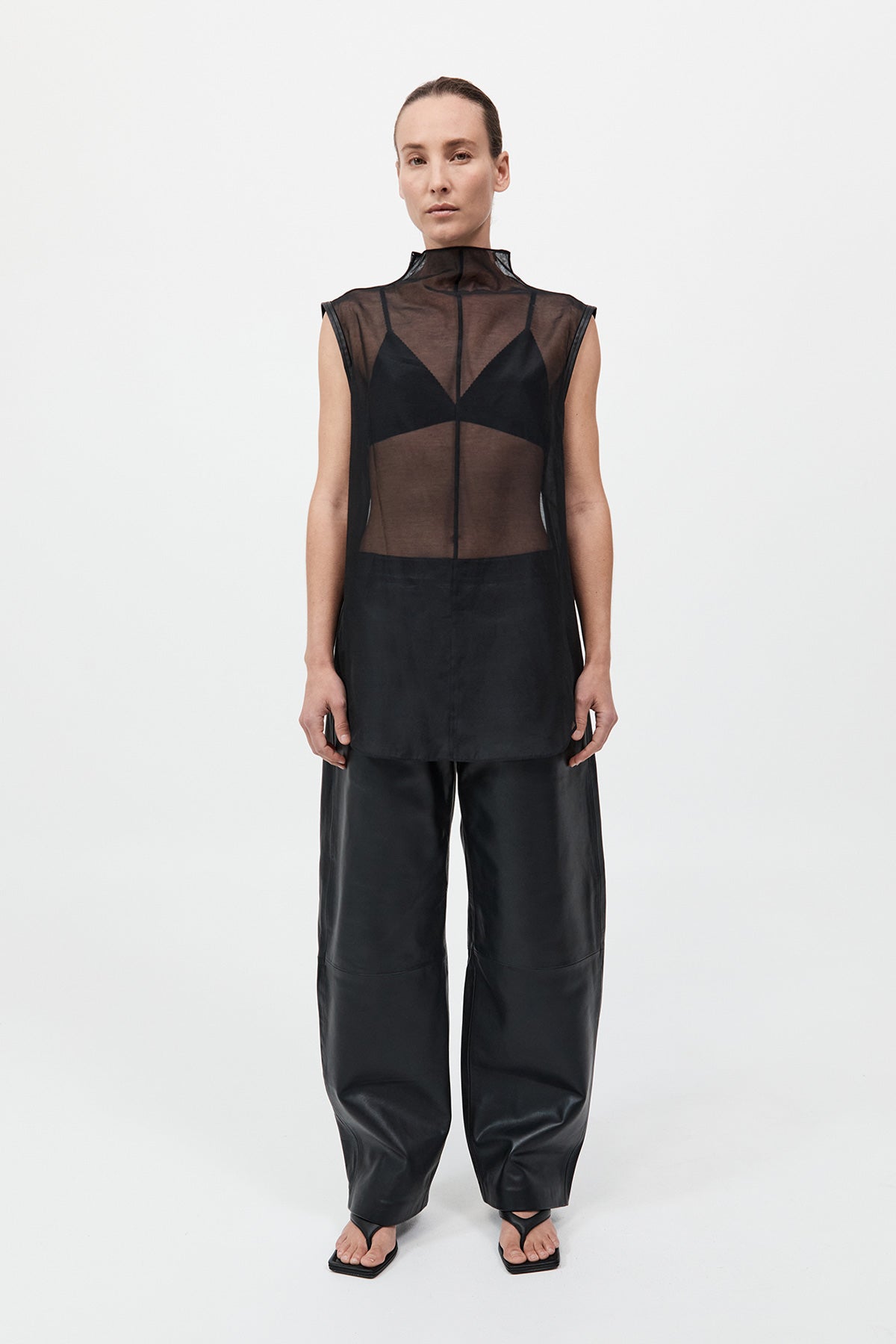 Sheer Silk Leather Trim Top