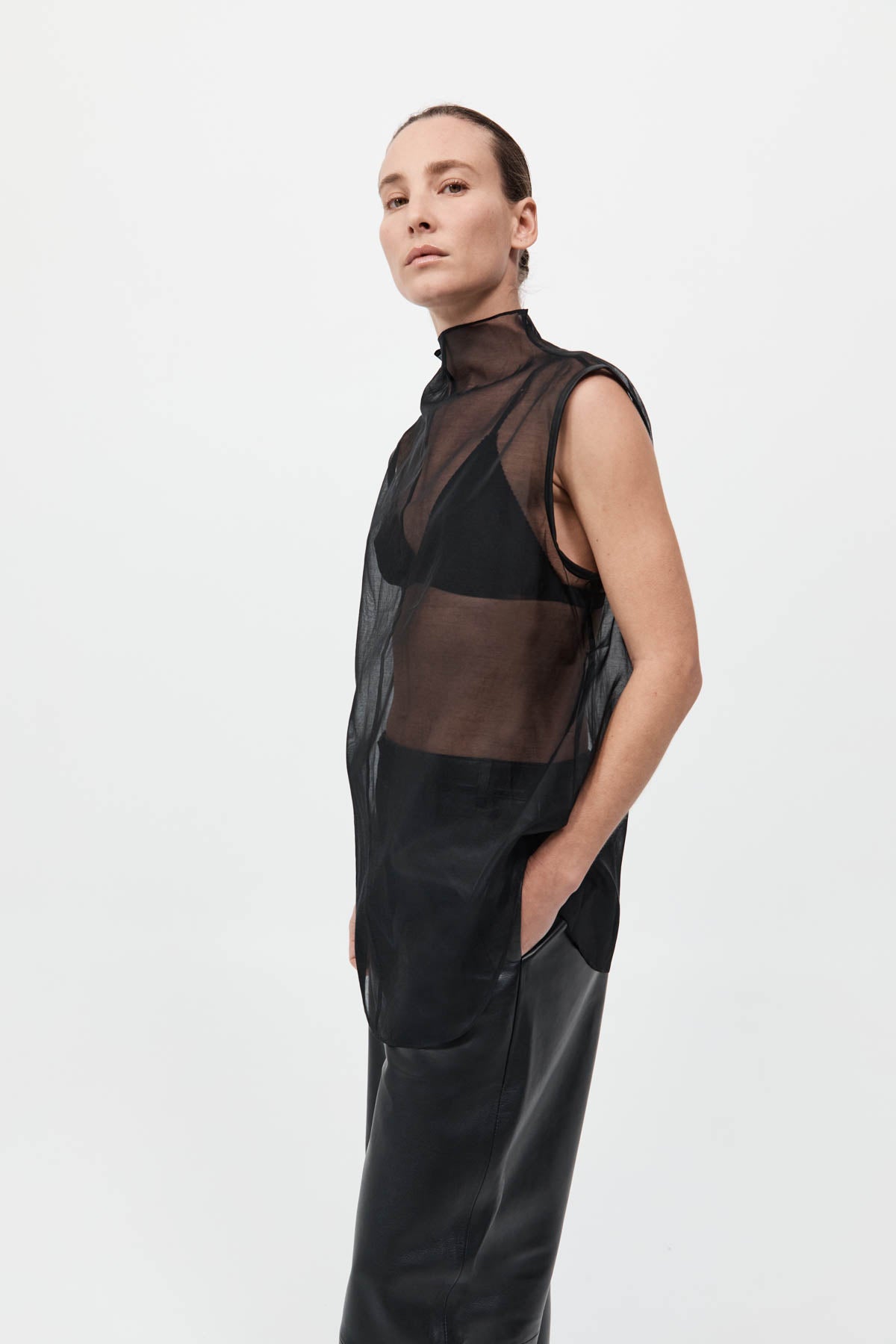 Sheer Silk Leather Trim Top
