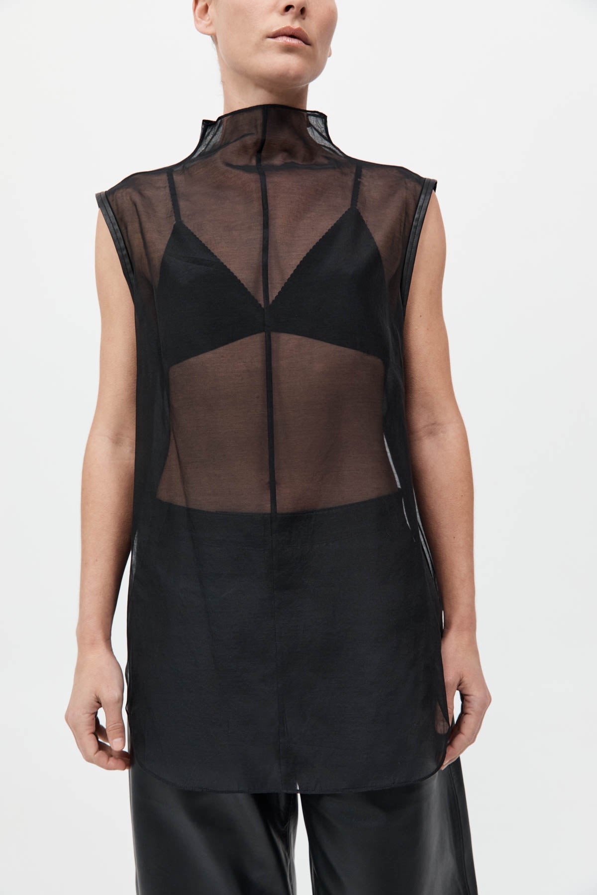 Sheer Silk Leather Trim Top