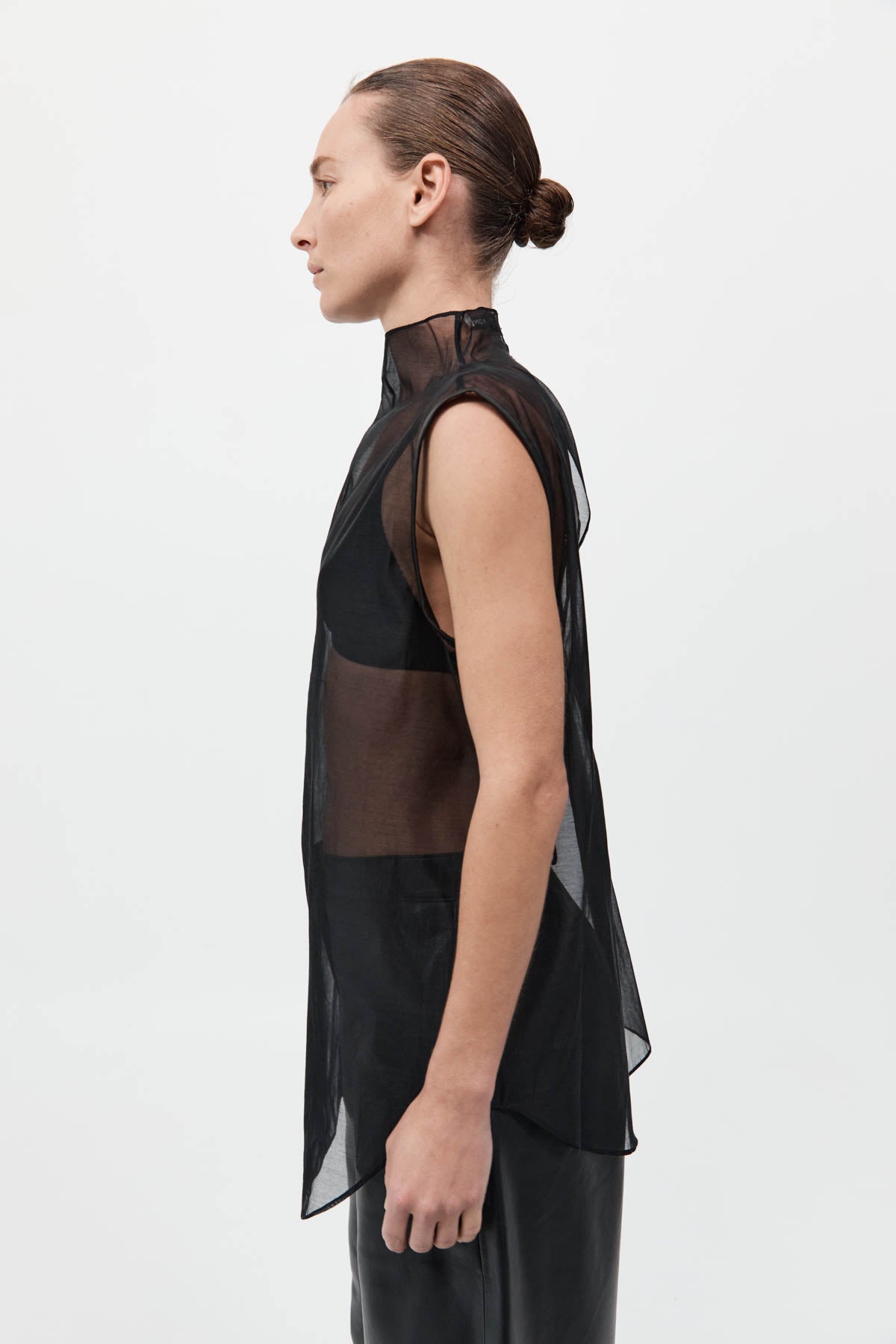 Sheer Silk Leather Trim Top