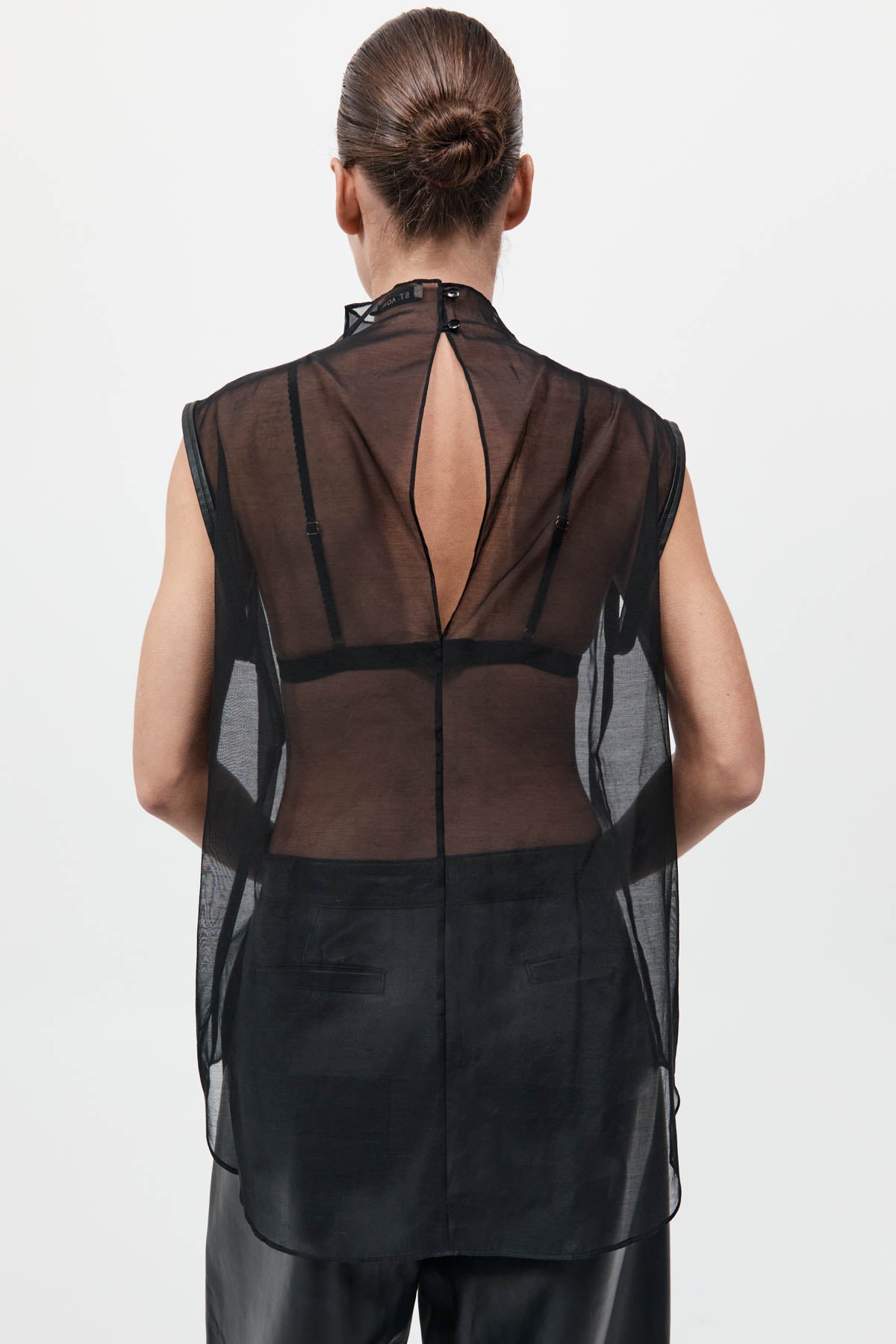Sheer Silk Leather Trim Top