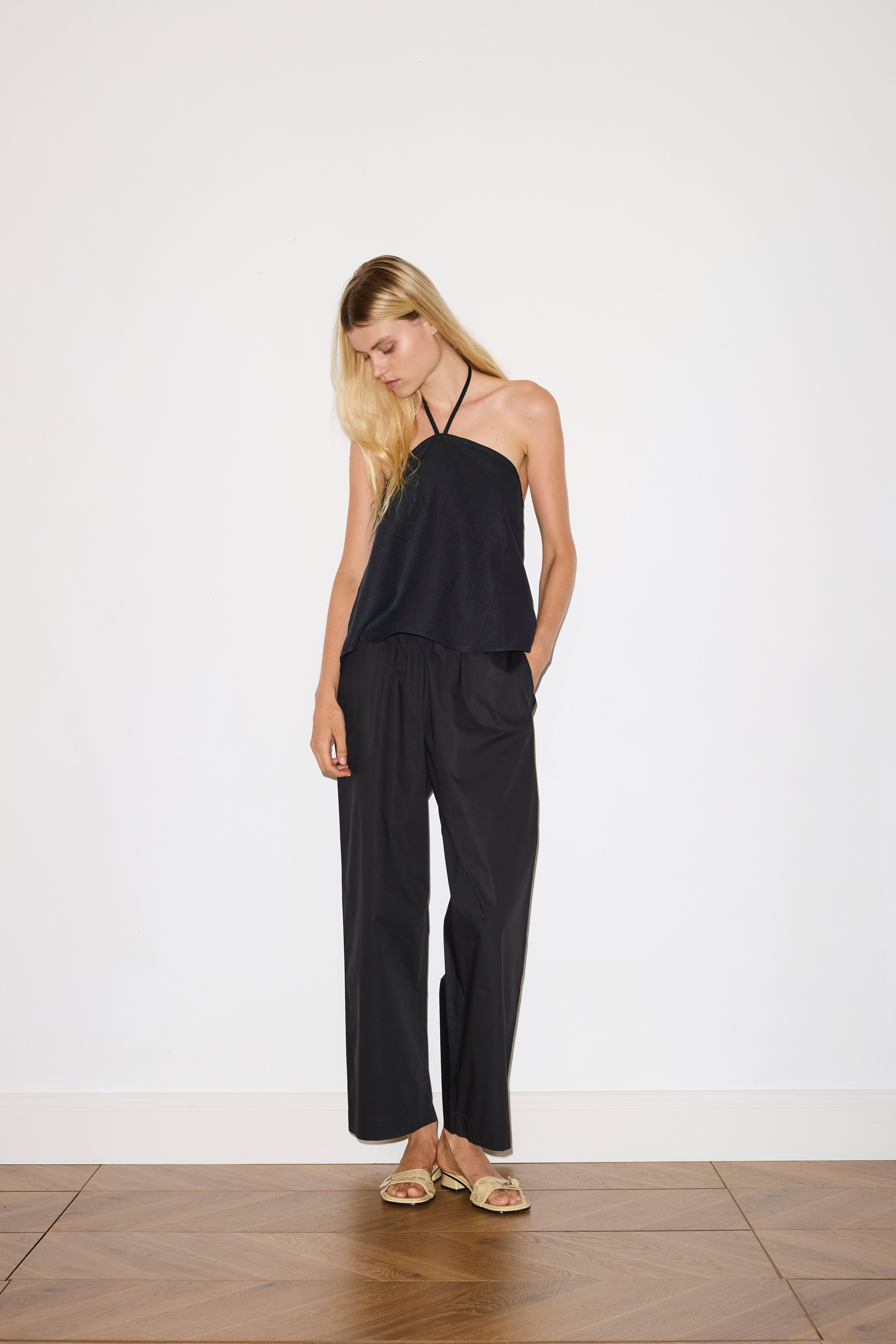 Linen Wrap Back Top Black