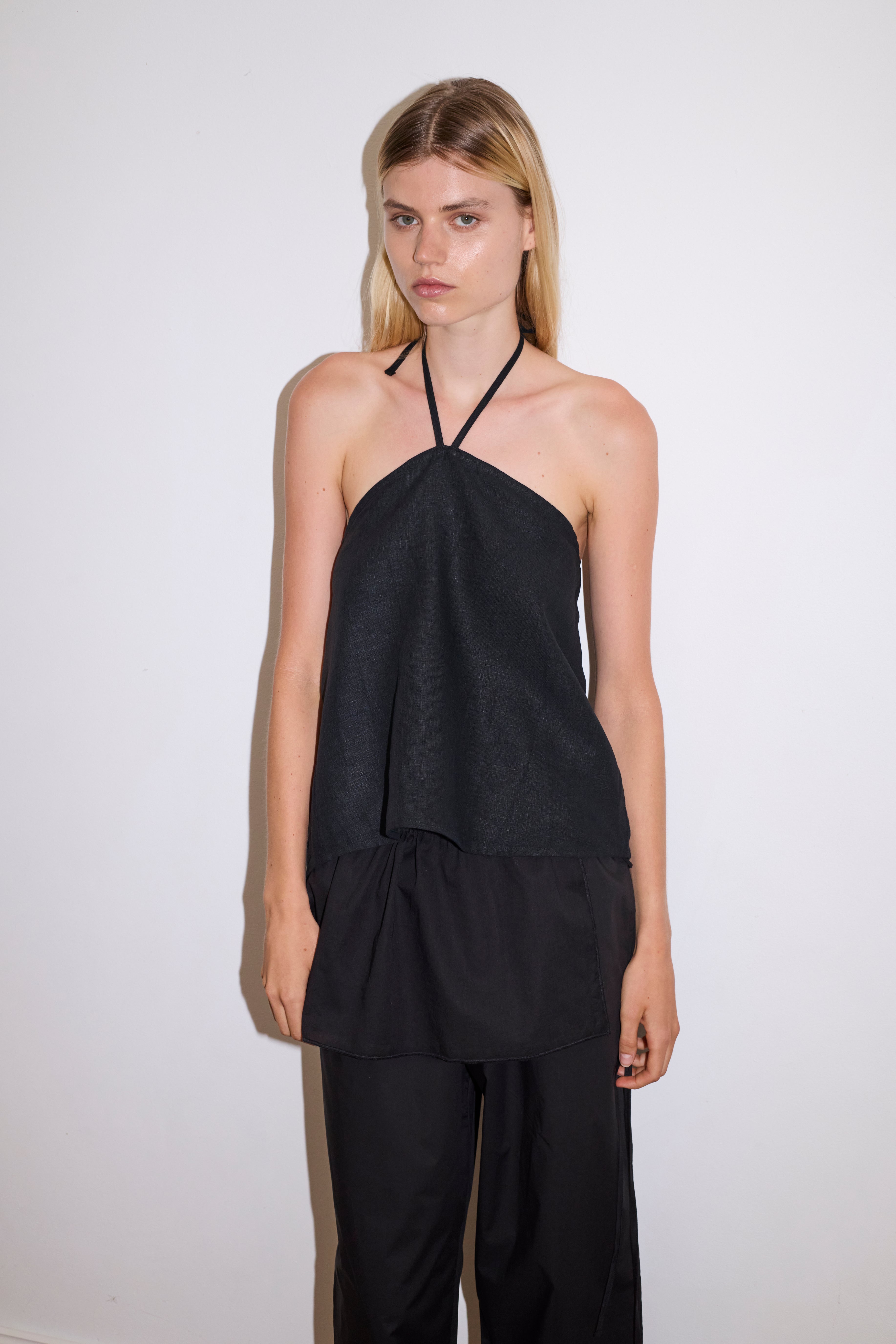 Linen Wrap Back Top Black