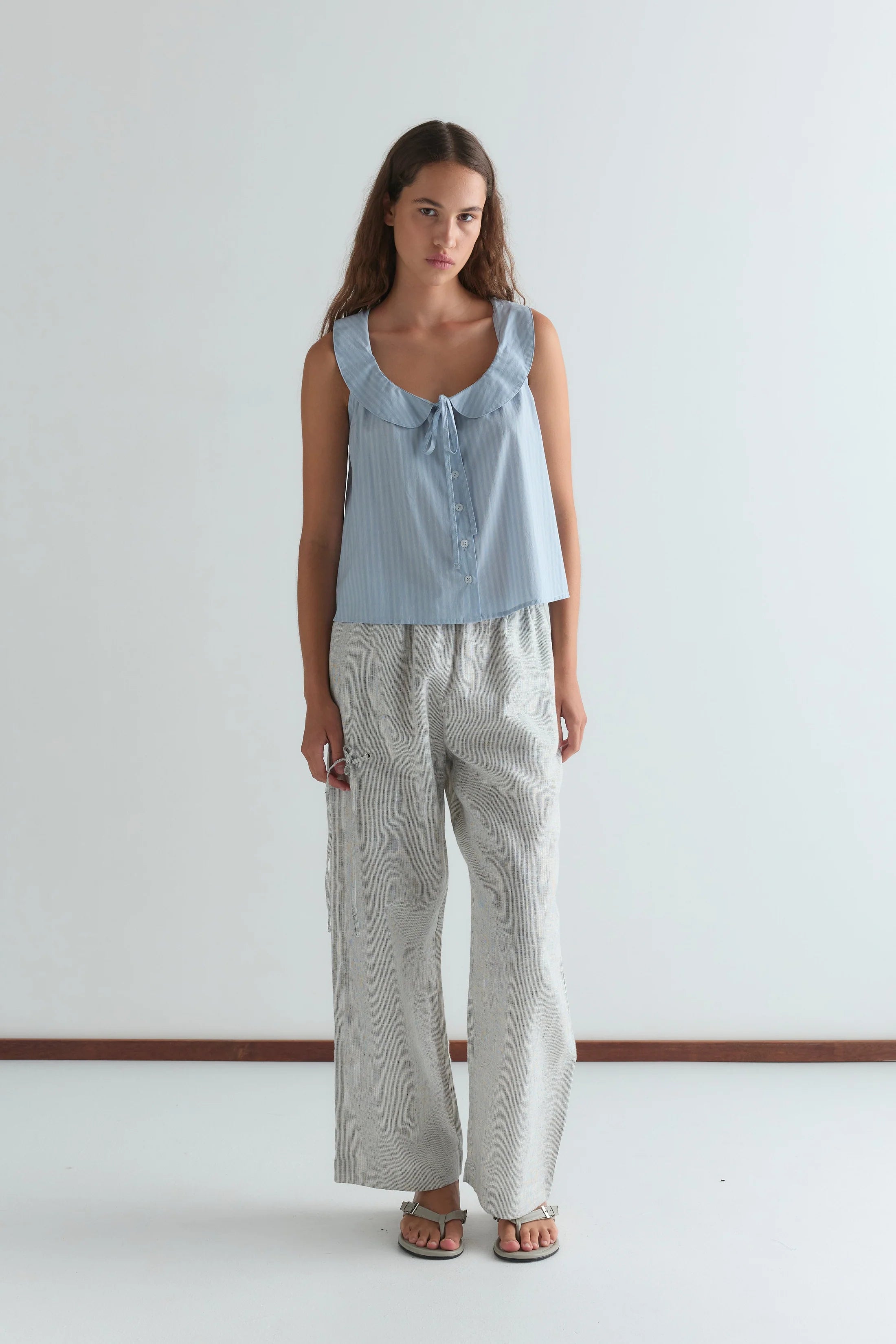 Round Collar Top Lake Blue Stripe