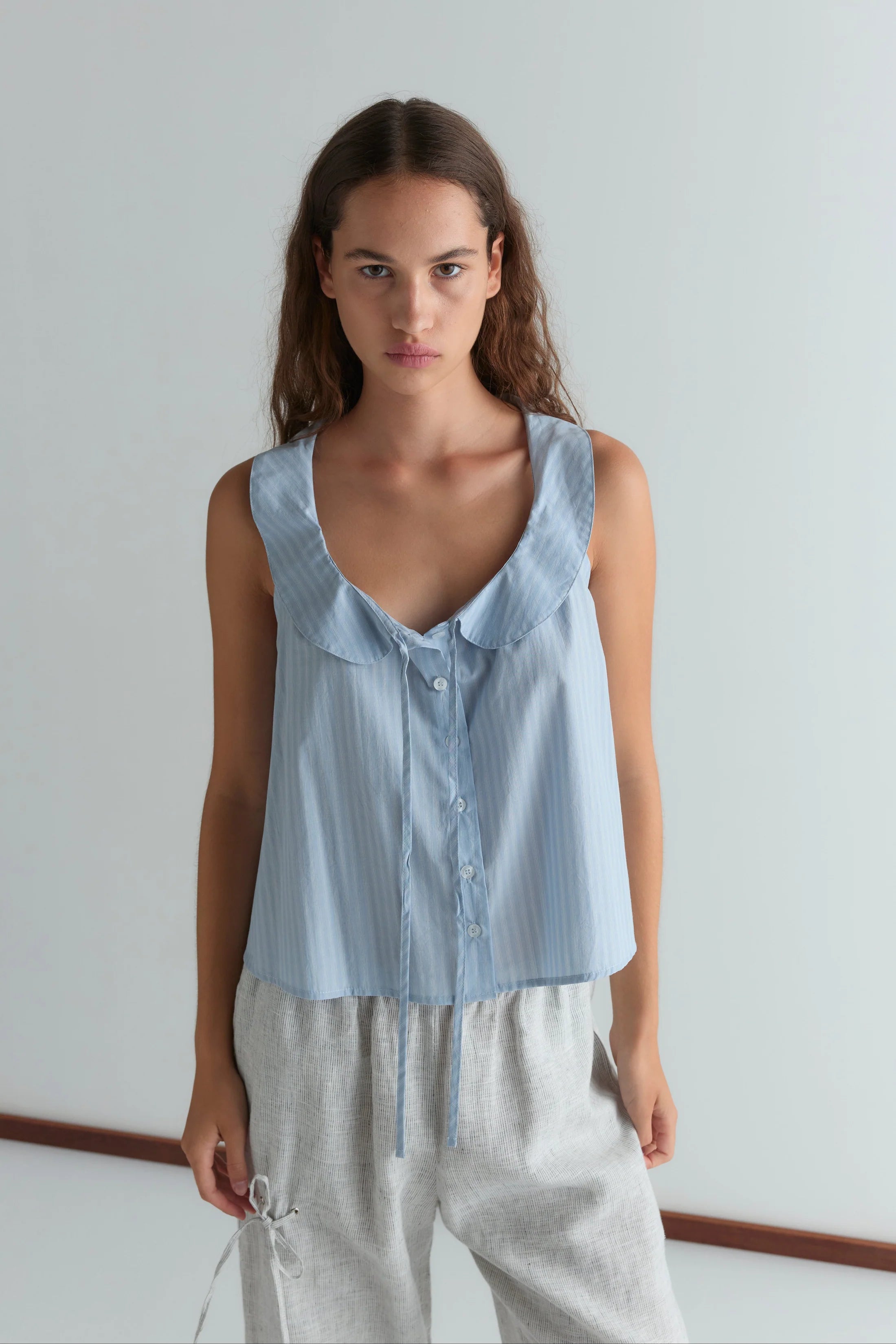 Round Collar Top Lake Blue Stripe
