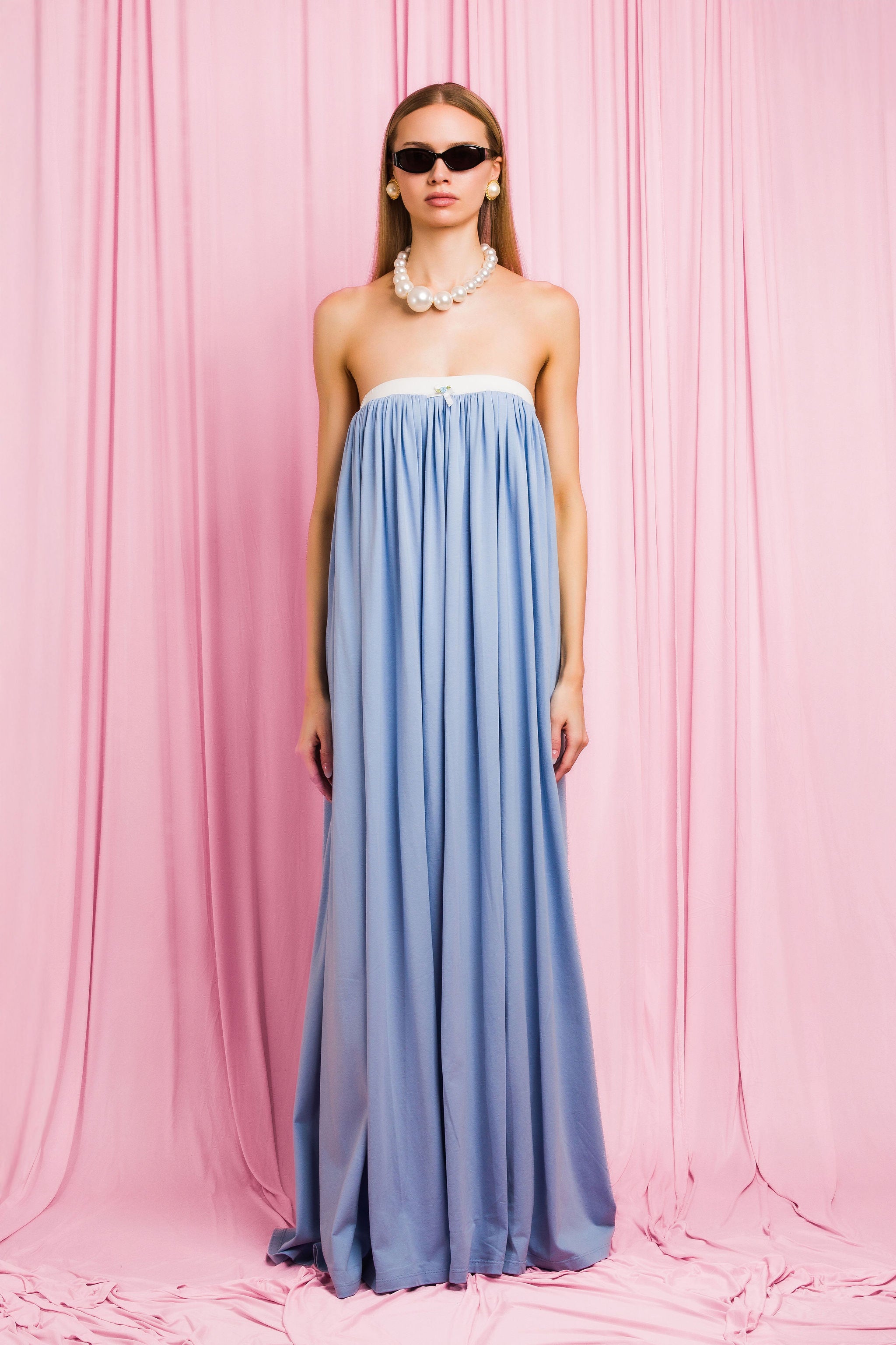 Strapless Gathered Long Jersey Dress