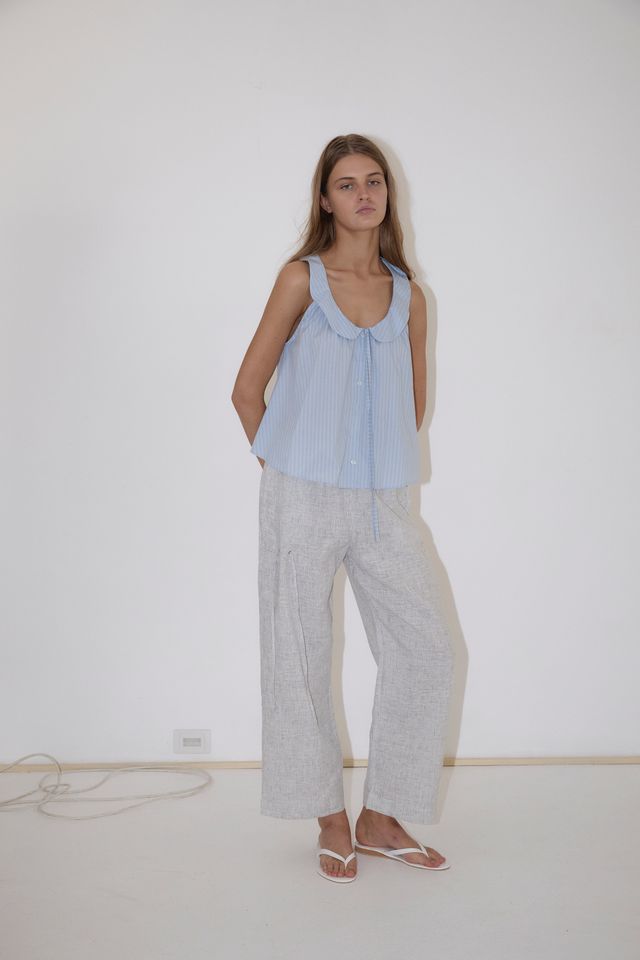Round Collar Top Lake Blue Stripe