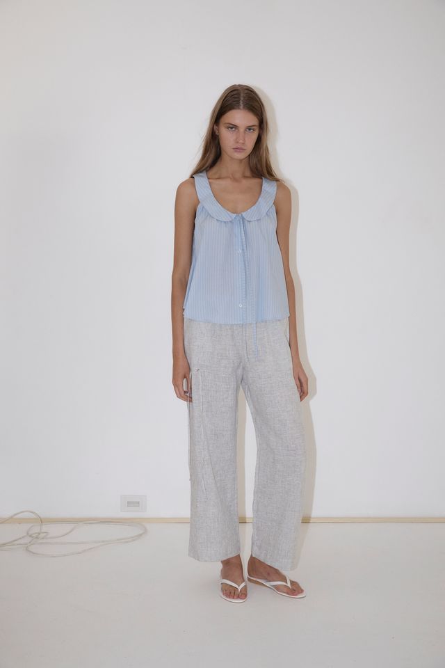 Round Collar Top Lake Blue Stripe