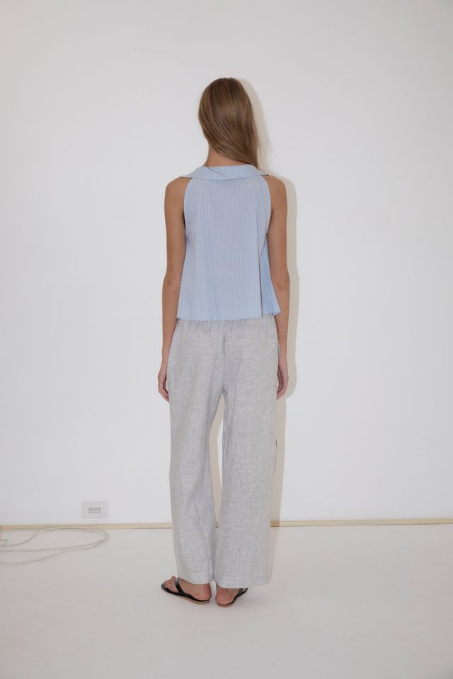 Round Collar Top Lake Blue Stripe